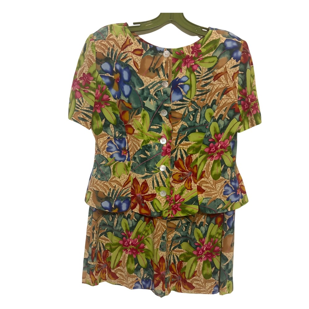 Vintage Maggie London Tropical Silk Skirt Set Floral Hawaiian Print 2-Piece 14P